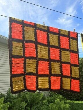 Handmade Crochet Afghan Throw in Orange, Olive & Brown